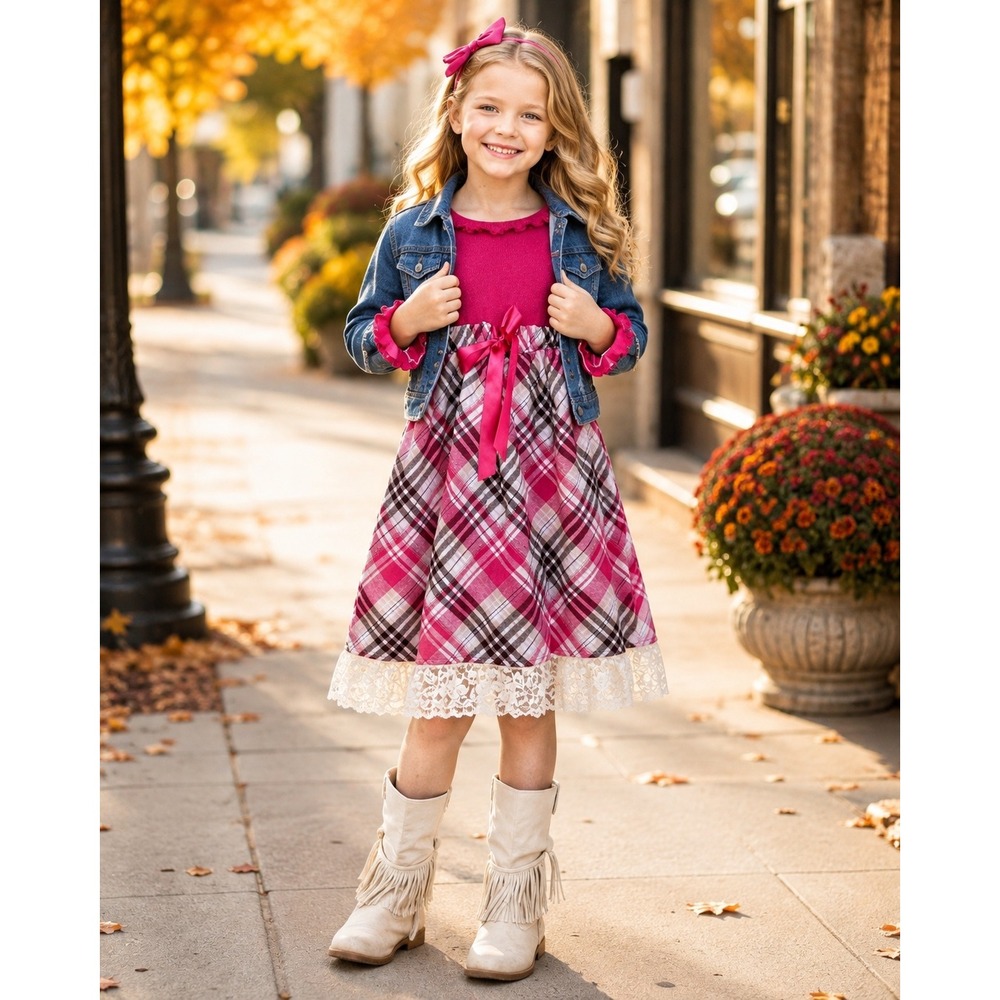 What A Doll Girls Size 6/6X Pink Plaid Coquette Lace Bow Holiday Party Dress